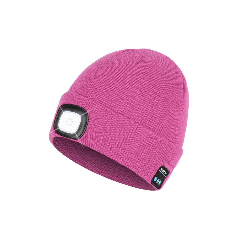 Bluetooth Beanie Hat with Light, Headlamp Cap with Headphones and Built-in Speaker Mic, Gifts for Men Women Teen, Rose Red, One size