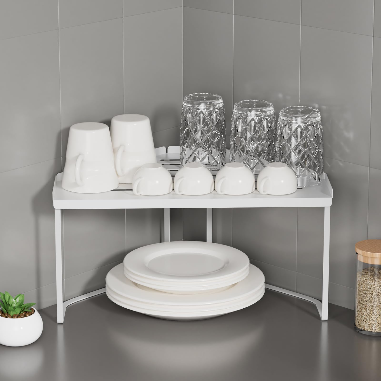 Impilabile Cucina Organizer,Metallo Organizzatori da Cucina con tappetino antiscivolo,multifunzionale Organizer Bagno,per cucina/bagno/piano tavolo/credenza. (1, Bianco)