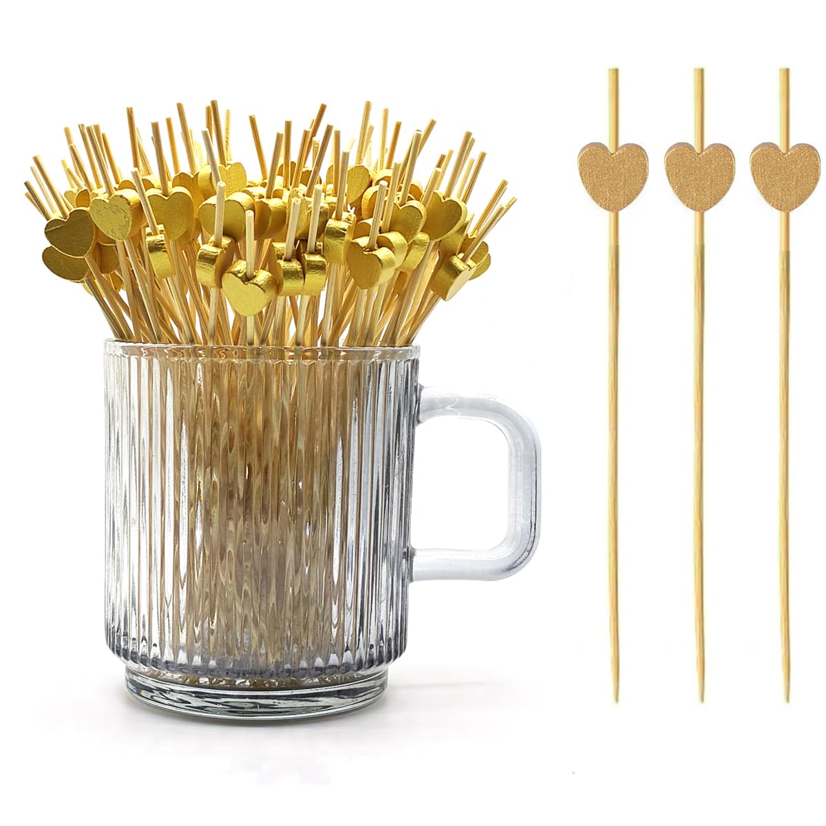 Photo 1 of 120 pcs 5.9 in long Golden heart Bamboo Cocktail, Heart Toothpicks for Appetizers, Natural Bamboo Food Picks for Valentines Day,Propose Marriage,Wedding Party.