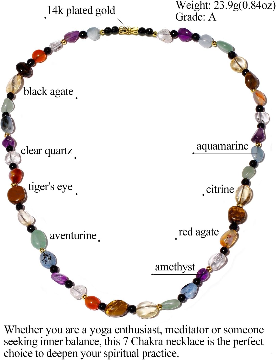 Jewever Real Reiki 7 Chakra Black Agate Beaded Necklace Irregular Tumbled Chips Colorful Healing Crystals Jewelry Yoga Meditation Balance Gifts Necklaces for Women - Image 3