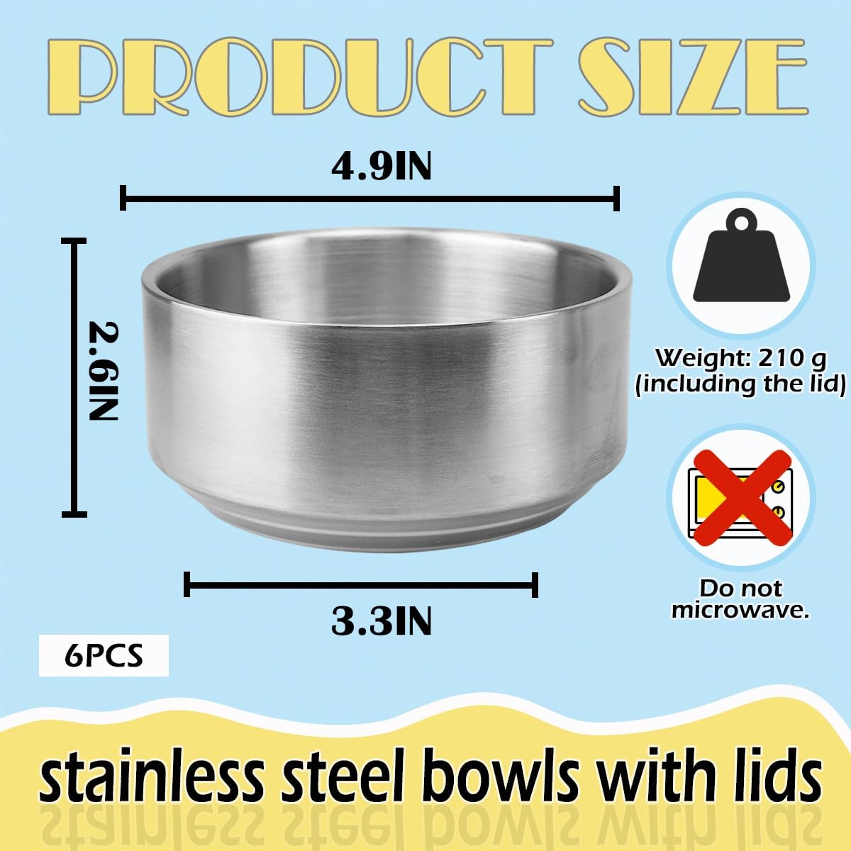 6 Pcs Stainless Steel Rice Bowl with Lid Korean Kitchenware Large Insulated Bowl Multifunctional Soup Bowls Snacks Bowls for Keeping Food Warm Snacks Lunch Box Parties（5.11in Silver