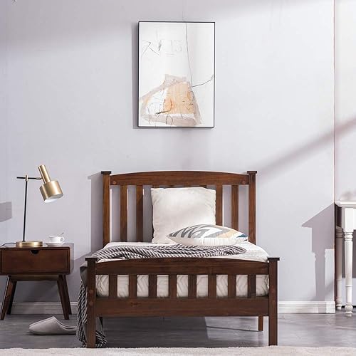 Miniatura 3 de Karl home Base de cama de plataforma individual con cabecero de listones marco de cama de madera con estribo soporte de listones de madera no