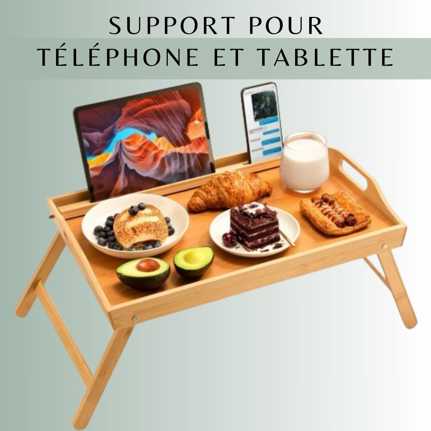 Daniks Plateau de Lit en Bois avec Pieds Pliables et Support pour Téléphone et Tablette, Table de Petit-Déjeuner pour Ordinateur Portable, Apéritif, Collations et Canapé