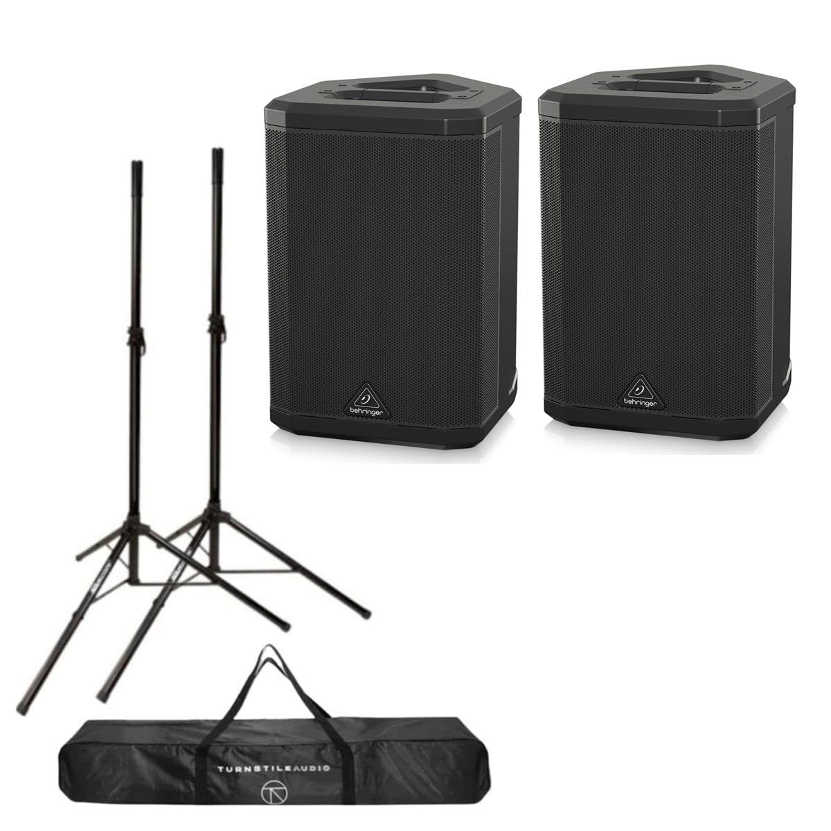 Behringer B1X 250W All-In-One Portable PA Bluetooth Speaker 2-PACK Turnstile Audio Height-Adjustable Speaker Stands Pair, With Carrying Case
