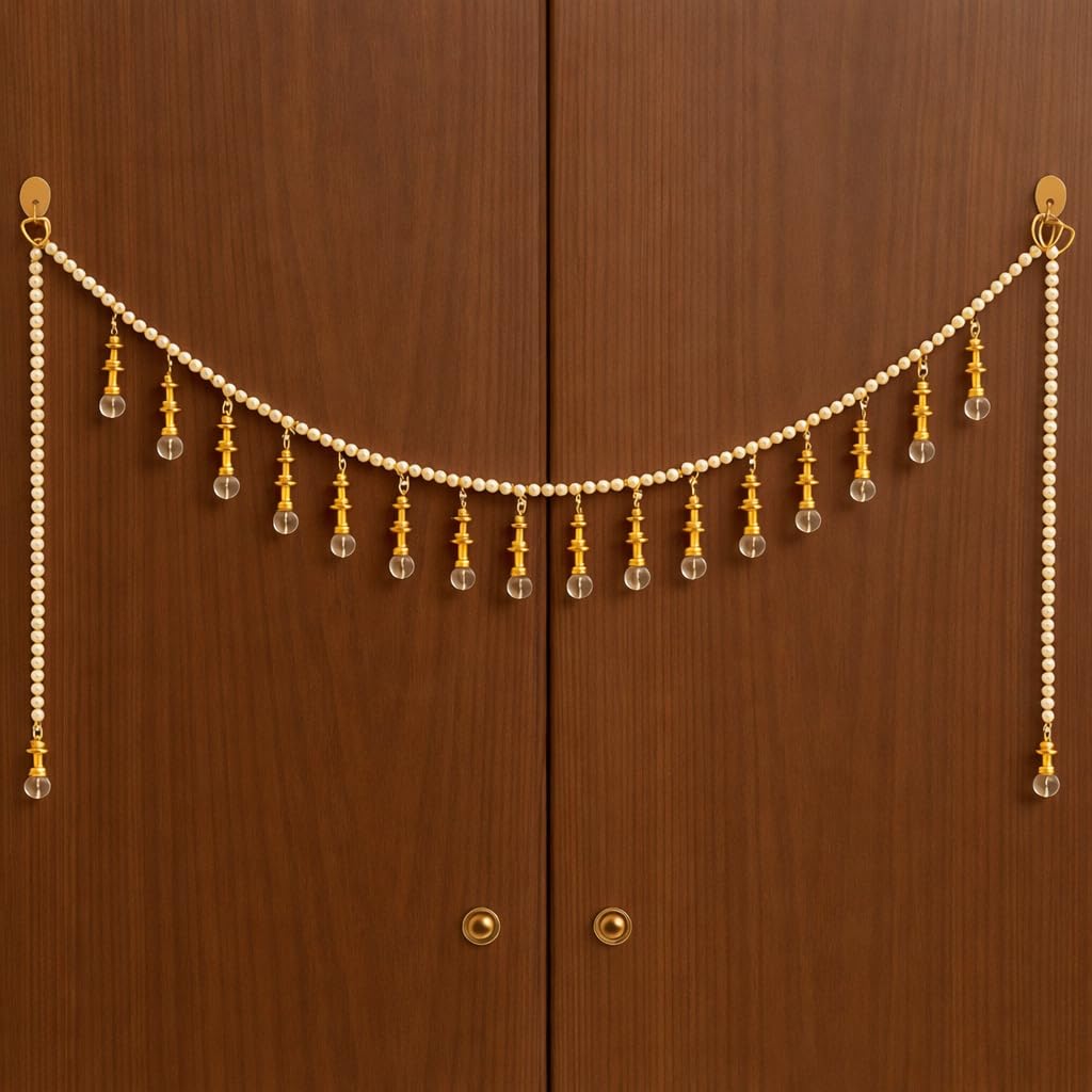 Handmade Crystal Pearl Toran for Main Door, Size 3 Feet Traditional Door Hanging with Side Latkans, Golden Finish Decorative Bandarwal for Diwali Gift & Home Decor-image-38