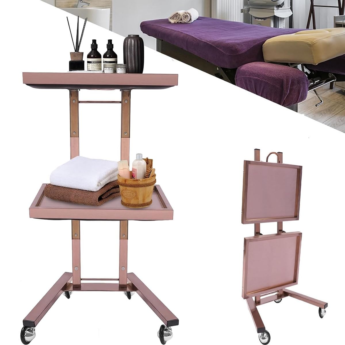asdchZen 2 Tier Stainless Steel Rolling Cart With Wheels - Multifunctional Beauty Salon & Kitchen Trolley Foldable Utility Tray Cart For Spa Storage & Nization.