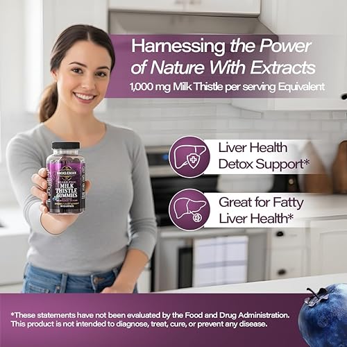 Miniatura 4 de Bucklebury Gomitas de cardo mariano sin azúcar, 1000 mg con sabor natural a arándanos, veganas, sin gluten, sin OMG, suplemento de cardo mariano