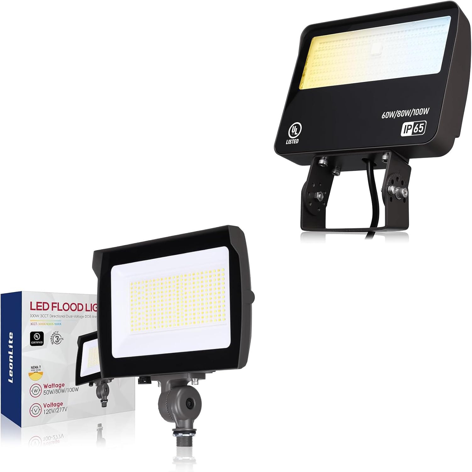 LEONLITE Adjustable LED Flood Light Bundle Flood Light Dusk to Dawn, 1-Pack 100W Outdoor Security Flood Lighting 3CCT, Bronze & 1-Pack 100W Trunnion Mount Security Floodlighting, 3CCT, Bronze