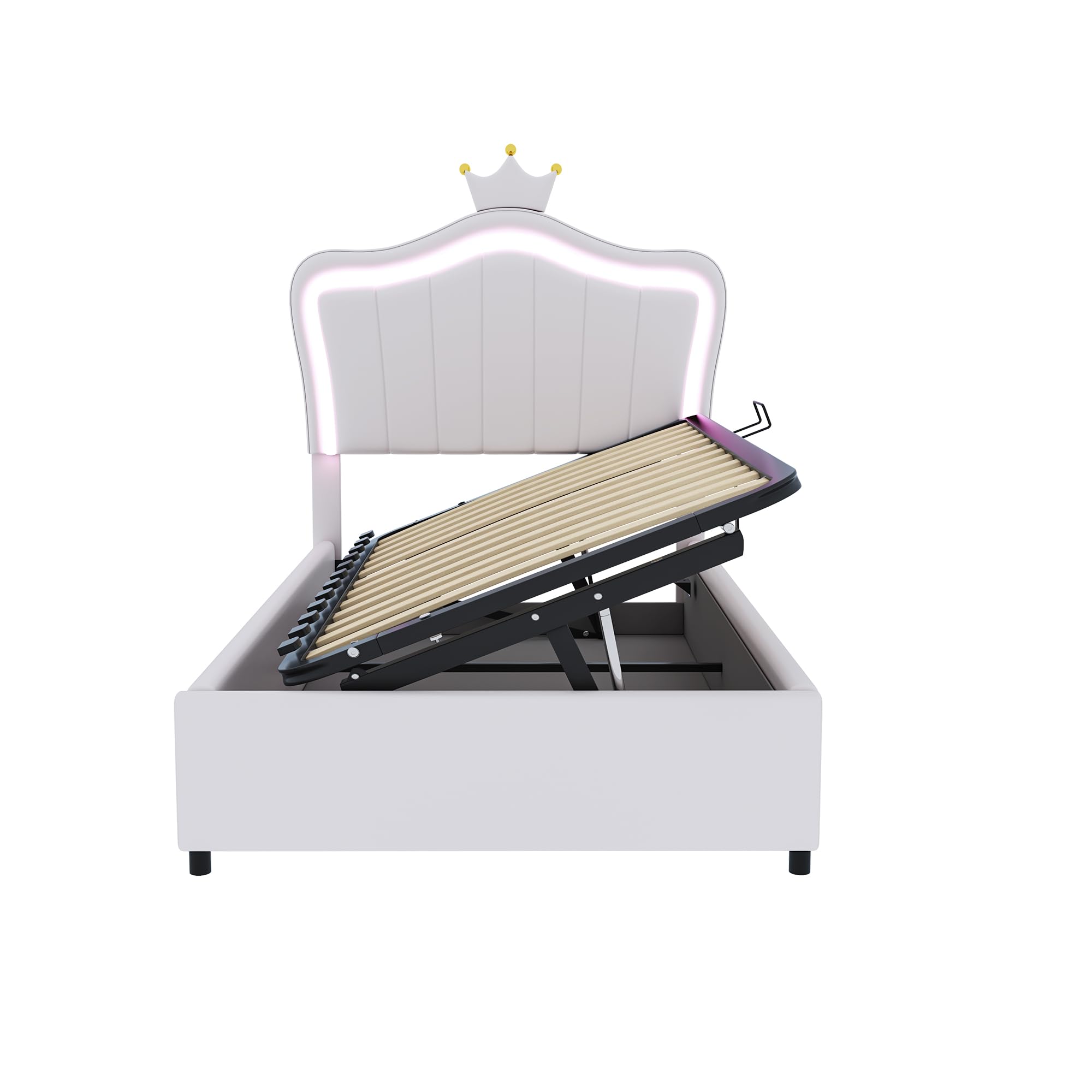 Cama tapizada para niños de 90 x 200 cm, con diseño de coronas, cama de almacenamiento hidráulico, cabecero de altura regulable, cama individual con somier, piel sintética (blanco)