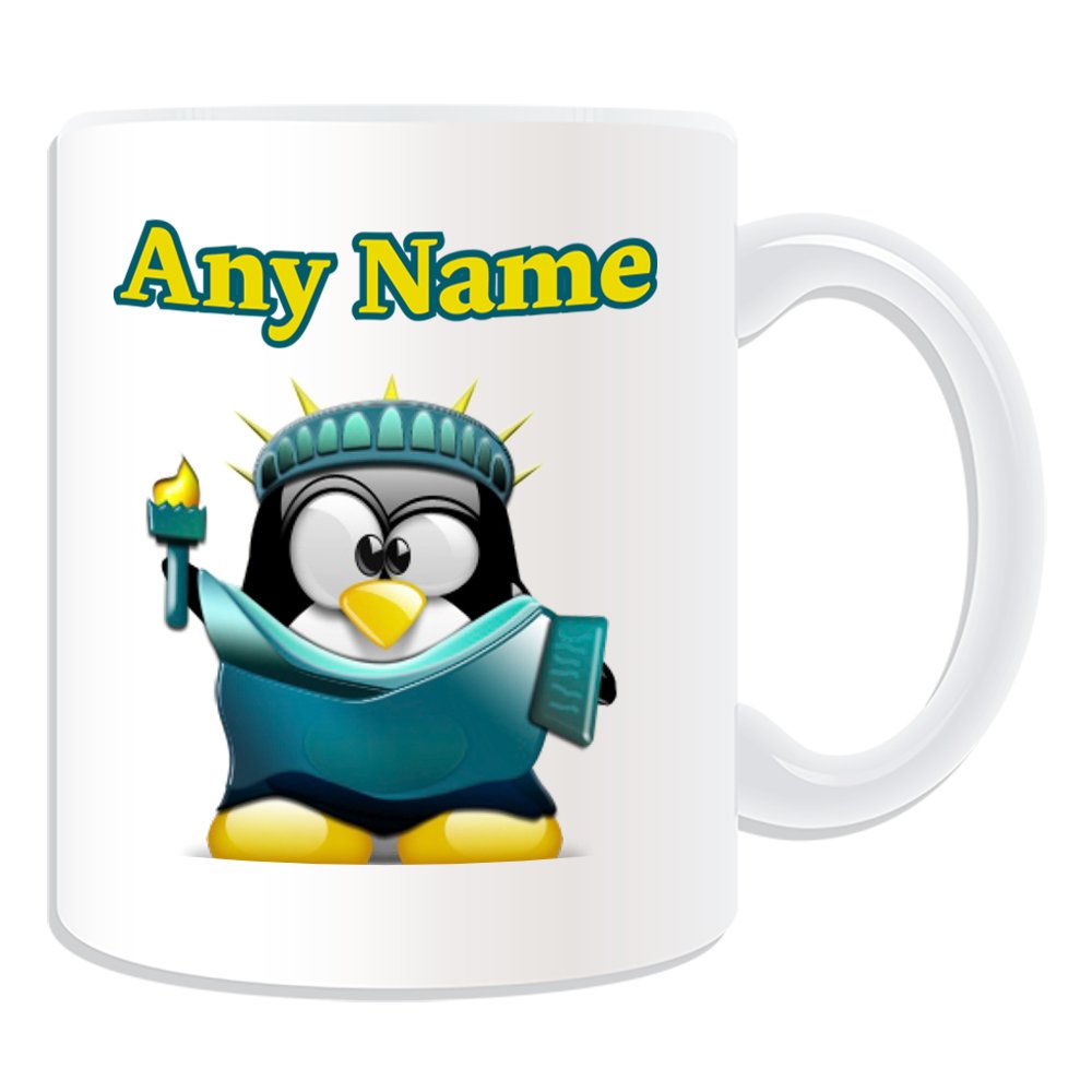 UNIGIFT Personalised Gift - Statue of Liberty Mug (Penguin in Costume Design White) Name Message Unique Silly Funny Novelty World New York USA Libertas Goddess Harbour