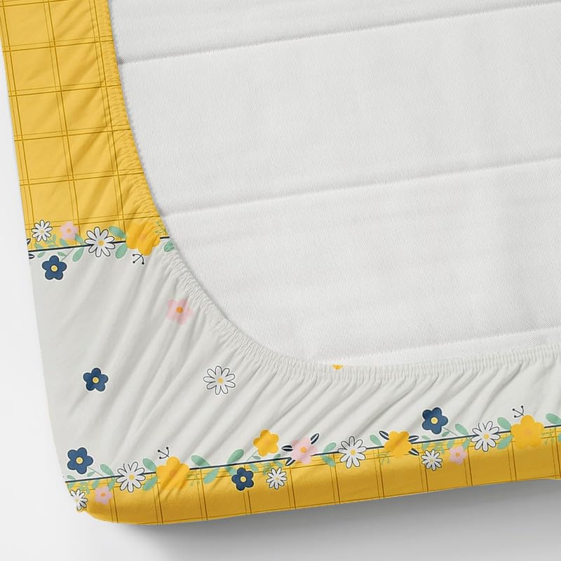 Image of NEW LEAF Cotton Fitted King Size Bedsheets with 2 Pillow Covers | Elastic Fitted | Wrinklefree | Ultrasoft |Winter Bedsheet 220 tc tc Floral | 710x72+10 Inches, Yellow White