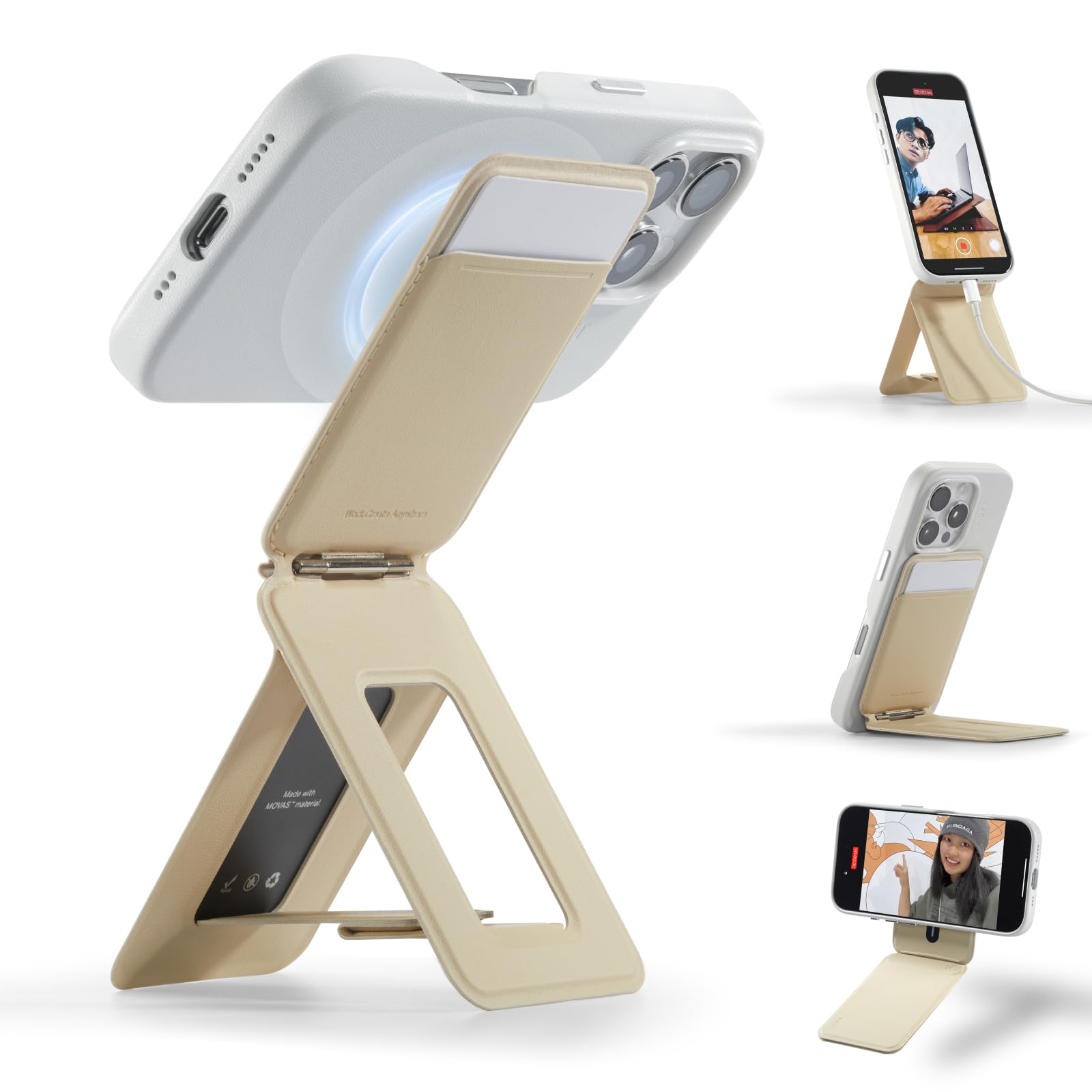 moft phone tripod wallet, magnetic wallet tripod stand, nfc-supported phone wallet, pocket-size selfie stick, movas vegan leather & adjustable angle card holder, travel essential, earthen beige