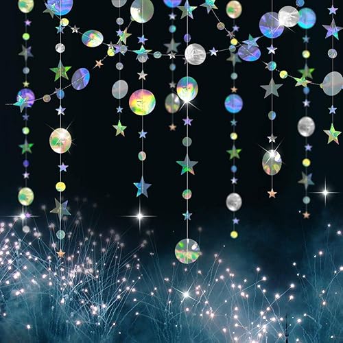 Miniatura 5 de Cheerland Decoraciones de fiesta iridiscente, guirnalda holográfica de estrellas, estrellas, luna, serpentina, galaxia, decoración de cumpleaños,