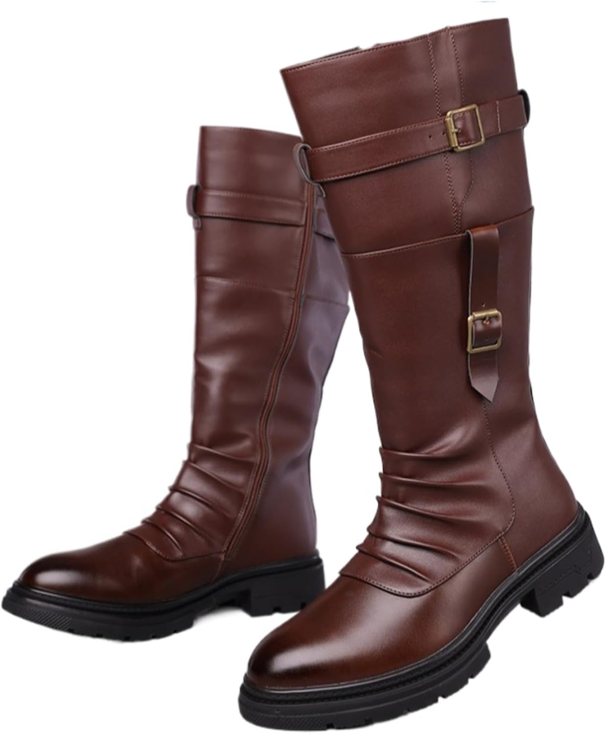 Men's Leather Side Zipper High Top Motorcycle Boots Platform Chunky Belt Buckle Decoration Comfortable Warm For Daily Party Outdoor Hunting Horse Riding