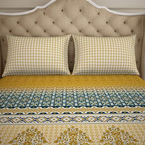 Image of Spaces Atrium Plus 210 TC 100% Cotton Queen Size Fitted Double Bedsheet with 2 Pillow Covers (Ornate, 60 inch X 78 inch Inches ) - Mustard