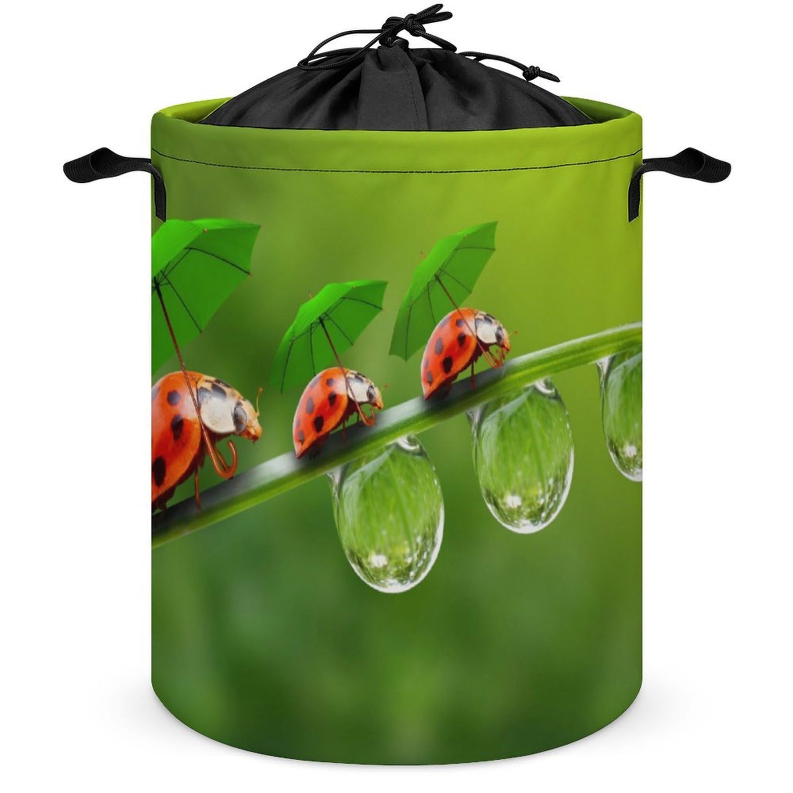 Qjjinxior Drawstring Laundry Hamper, Ladybug Ladybird Green Landscape Laundry Basket, Washing Basket with Handle