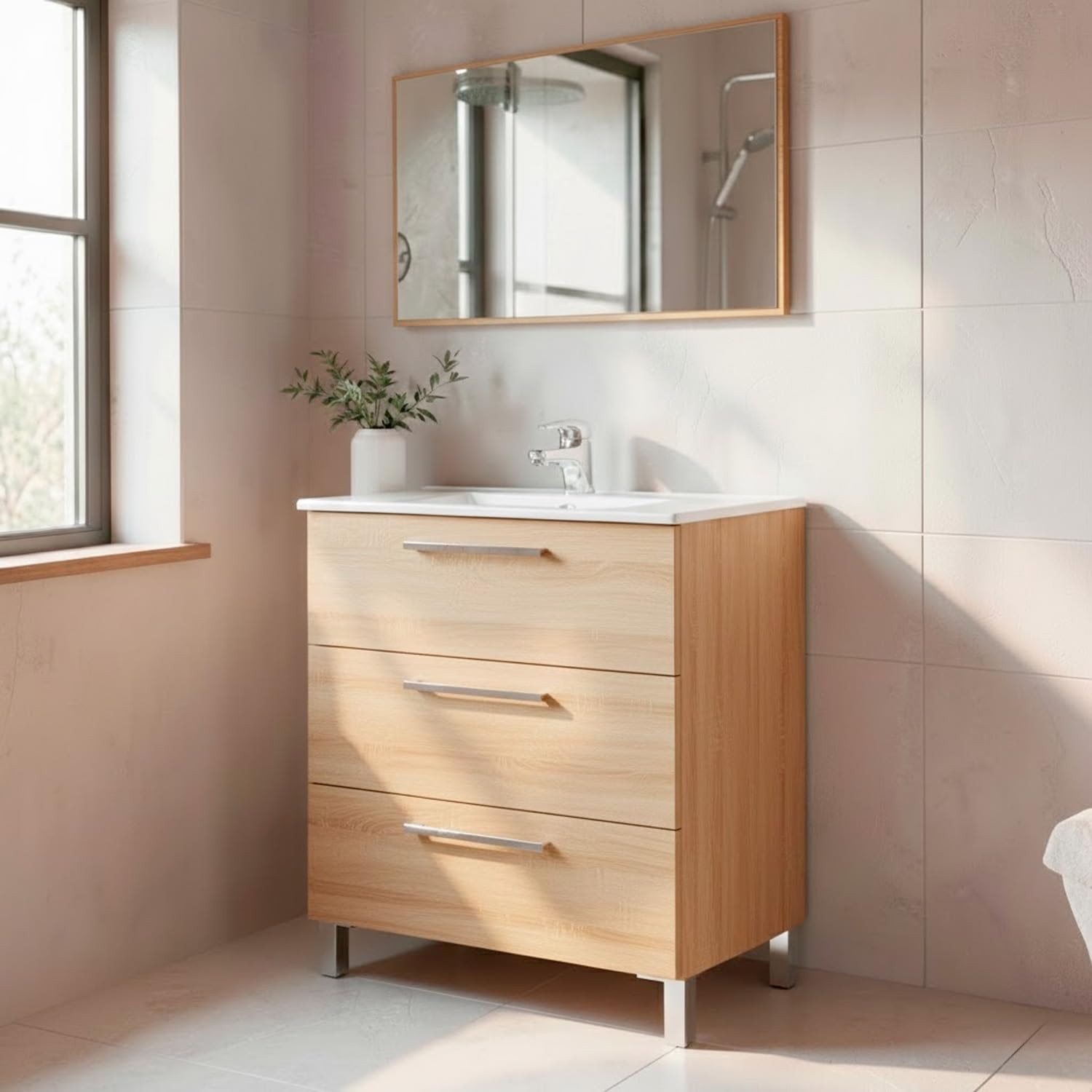 Mobile Bagno A Terra Con 3 Cassetti Lavabo In Ceramica E Specchio 77 x 50 Cm Inclusi Design Moderno Salvaspazio Elegante E Funzionale 80 x 45 x 86 Cm (Rovere Chiaro)
