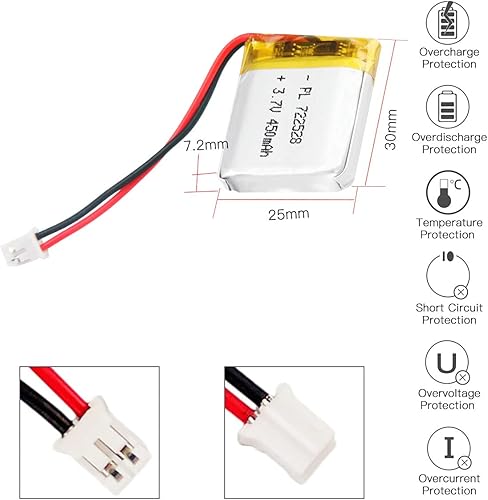 Miniatura 2 de 3.7V 450mAh Batería 722528 Batería Li-Ion Li-Po recargable de iones de litio con conector de paso de 2P PH 0.079 in