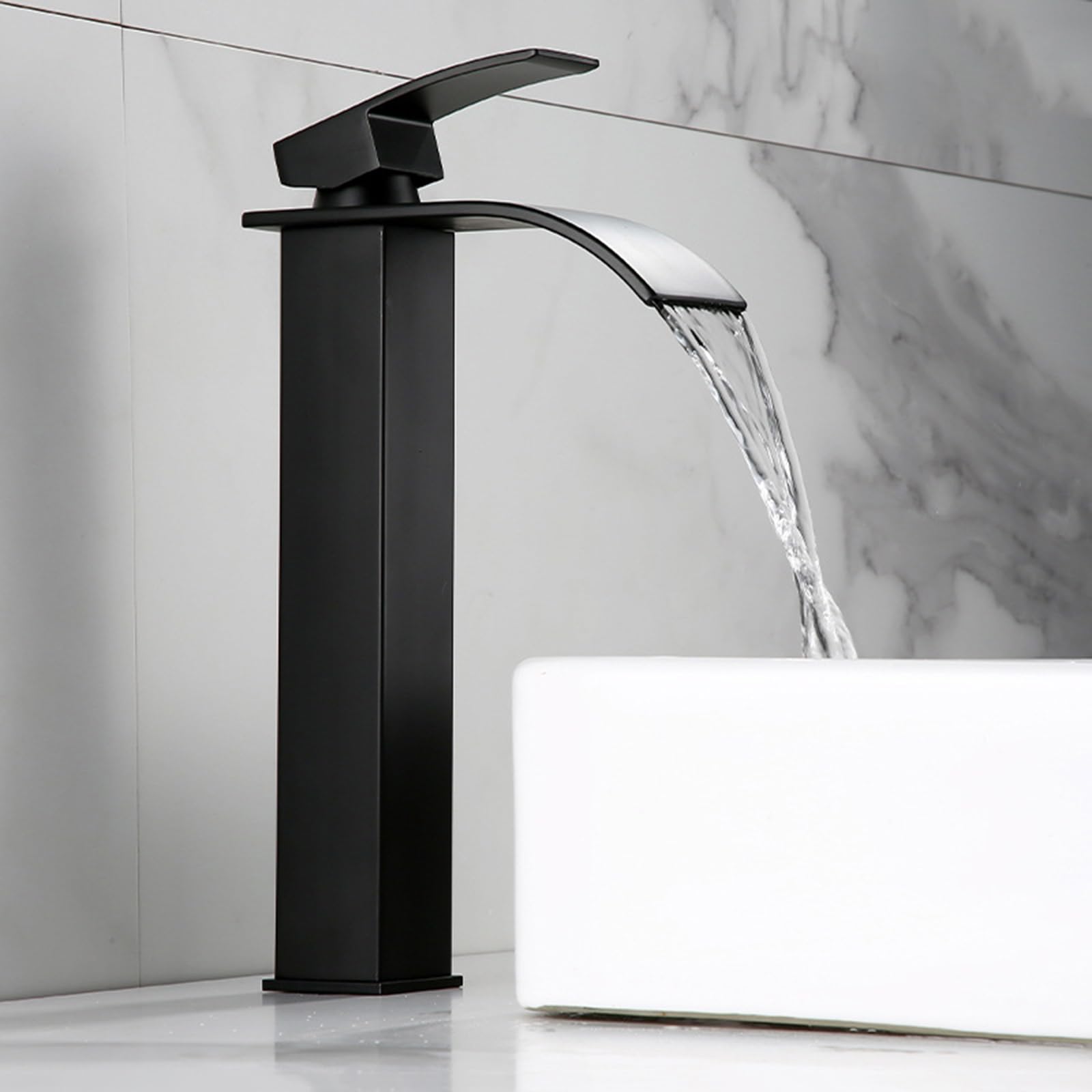 MXXQRHF Black Waterfall Sink Tap - Single Handle Bathroom Mixer 1 Hole Hot & Cold Washbasin Faucet Modern Short Design for Stylish Kitchens & Bathrooms