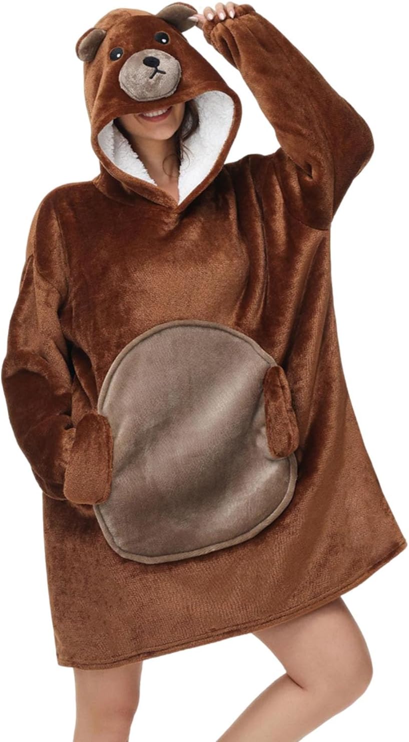 Très Chic Mailanda Animal Wearable Blanket Hoodie with Animal Hood – Warm Flannel Sherpa Sweatshirt Blanket for Adults