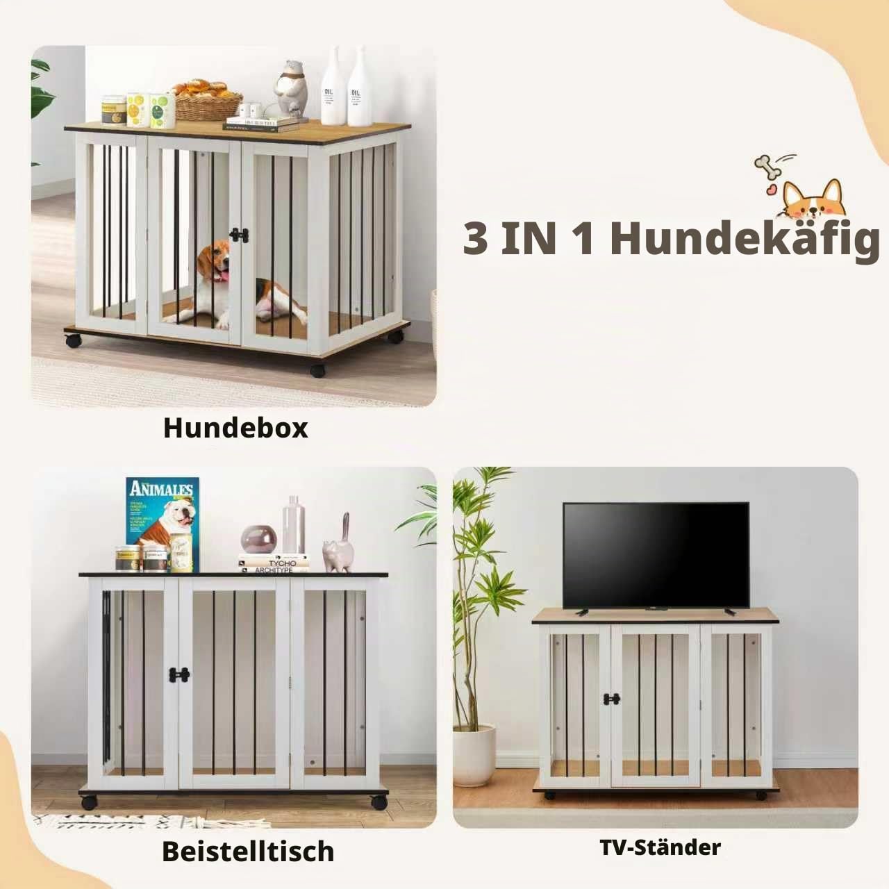 TUKAILAI Hundekäfig Möbel, 106 cm Hundebox Holz mit Raden, Abschließbar Tür, Metall, Moderne Hundehütte Indoor für kleine/mittlere/große Hunde, Hundekäfig für Zuhause 106x60x82 cm, Weiß