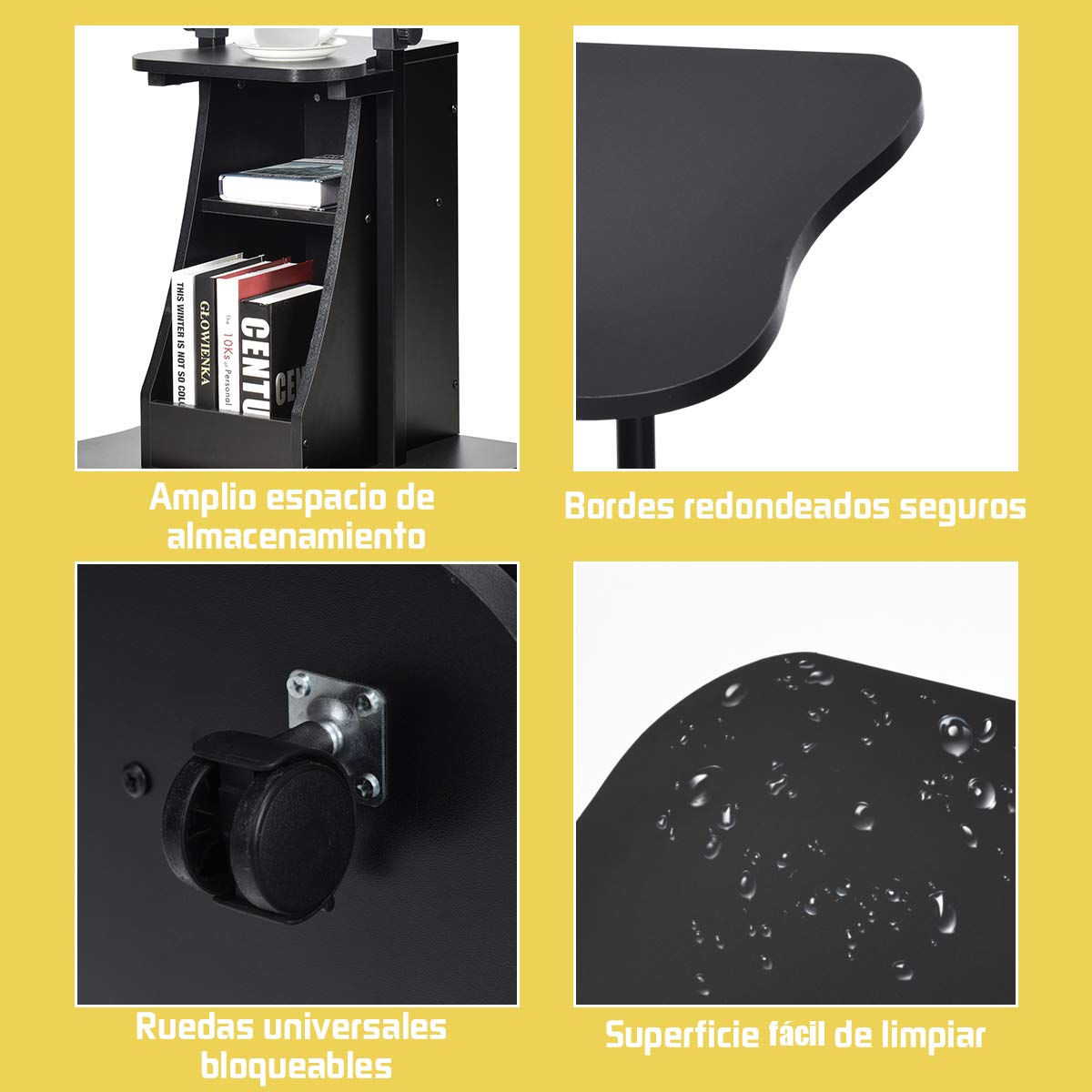 COSTWAY Mesa para Ordenador Portátil Altura Ajustable con Ruedas y Estante Carro para Computadora para Oficina Hogar Negro