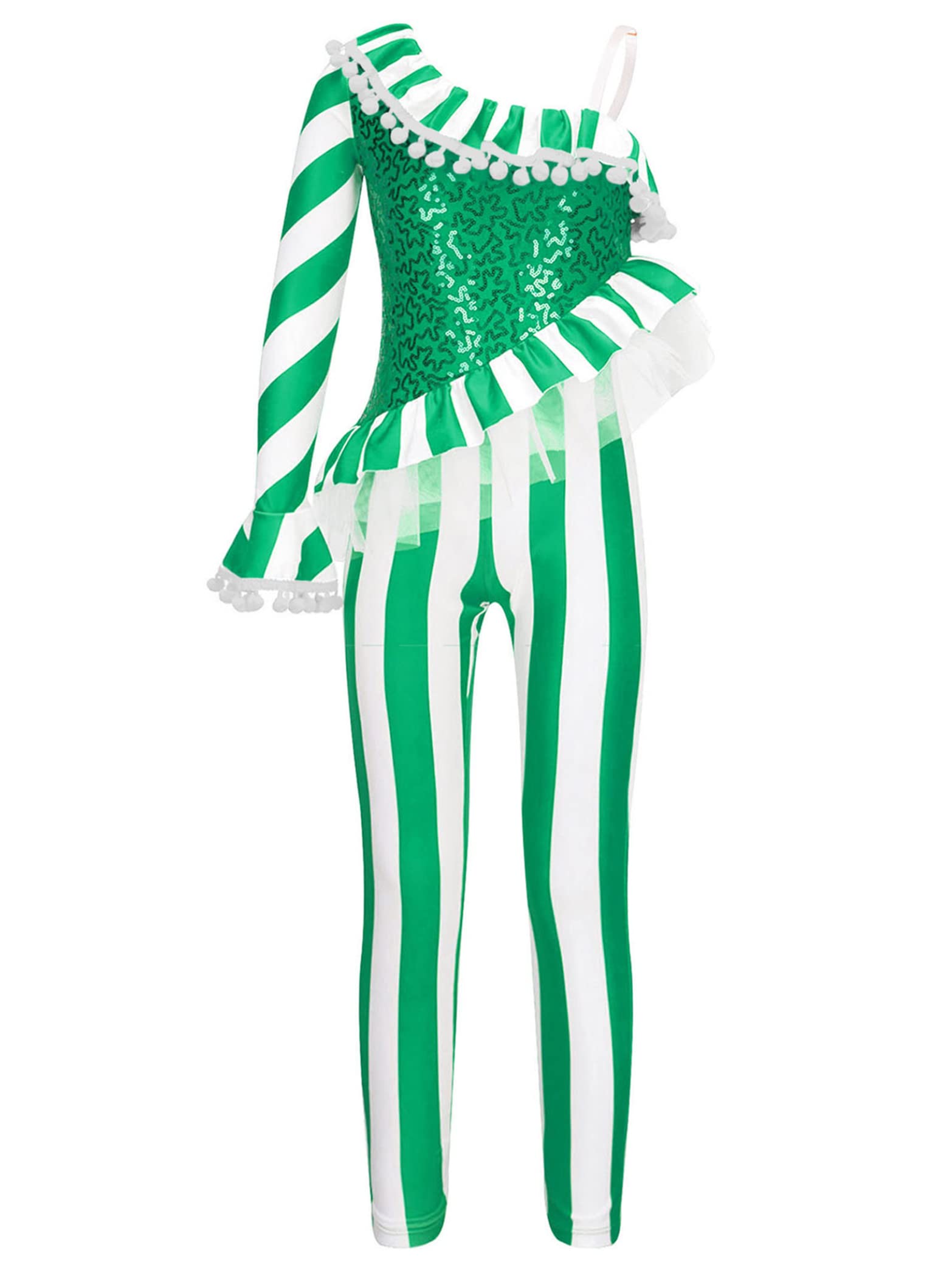 Daenrui Kids Girls Christmas Candy Cane Striped Sequins Dance Unitard Jumpsuit Stage Performance Costume Green 16 Years