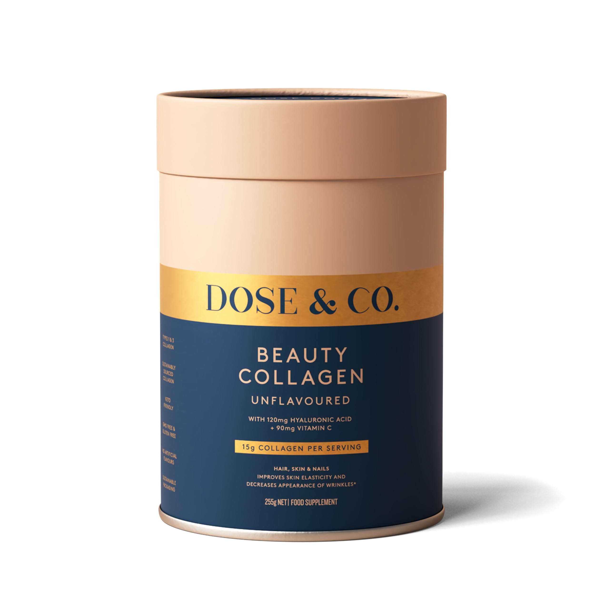 Dose & Co Beauty Collagen with Hyaluronic Acid and Vitamin C, Unflavoured - 255g Powder Supplement