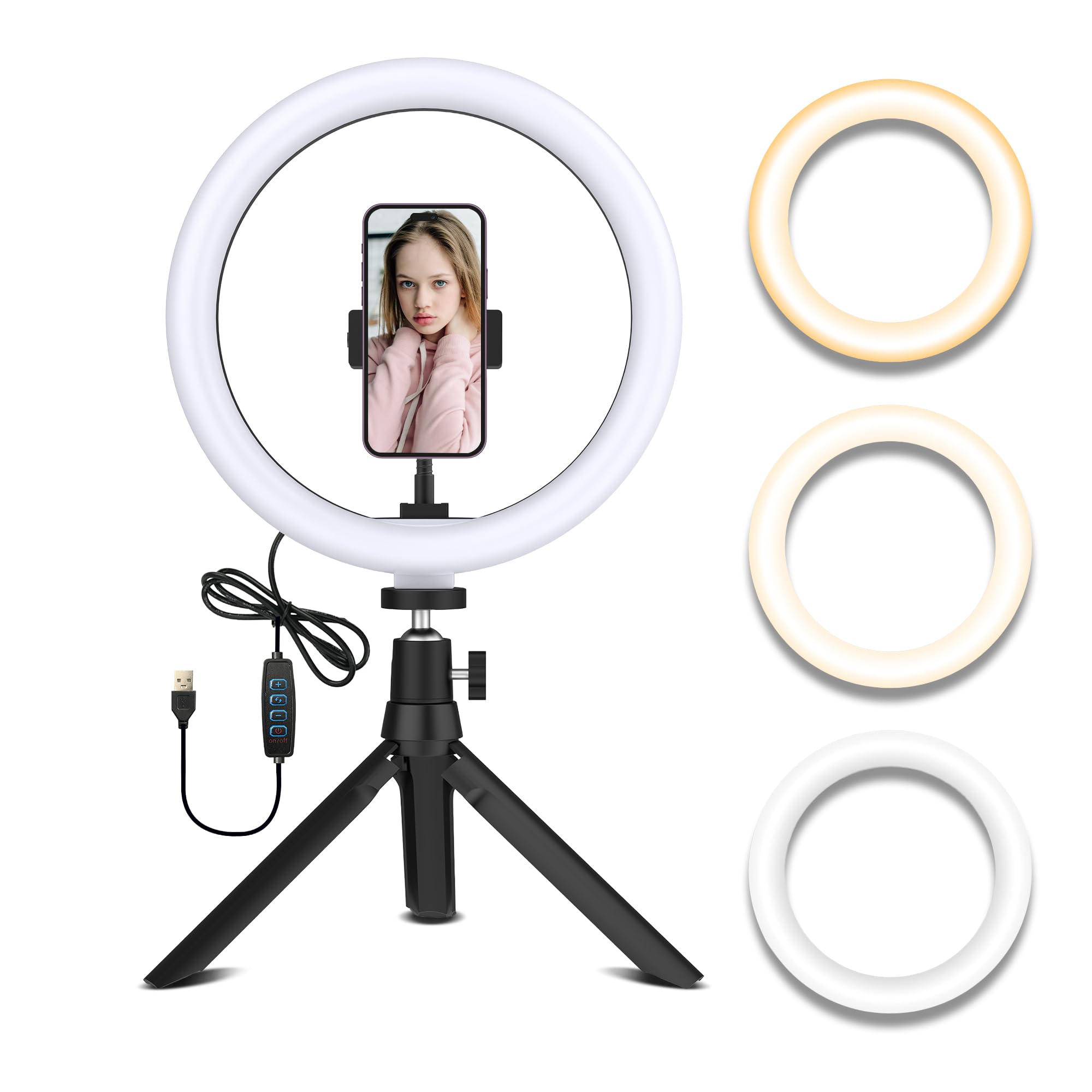 Tygot 12-Inch Ring Light with Adjustable Tripod Stand & Phone Holder, 3 Color Modes & 10 Brightness Levels, USB Powered LED Light for Makeup, YouTube, Photography, Zoom & Live Streaming