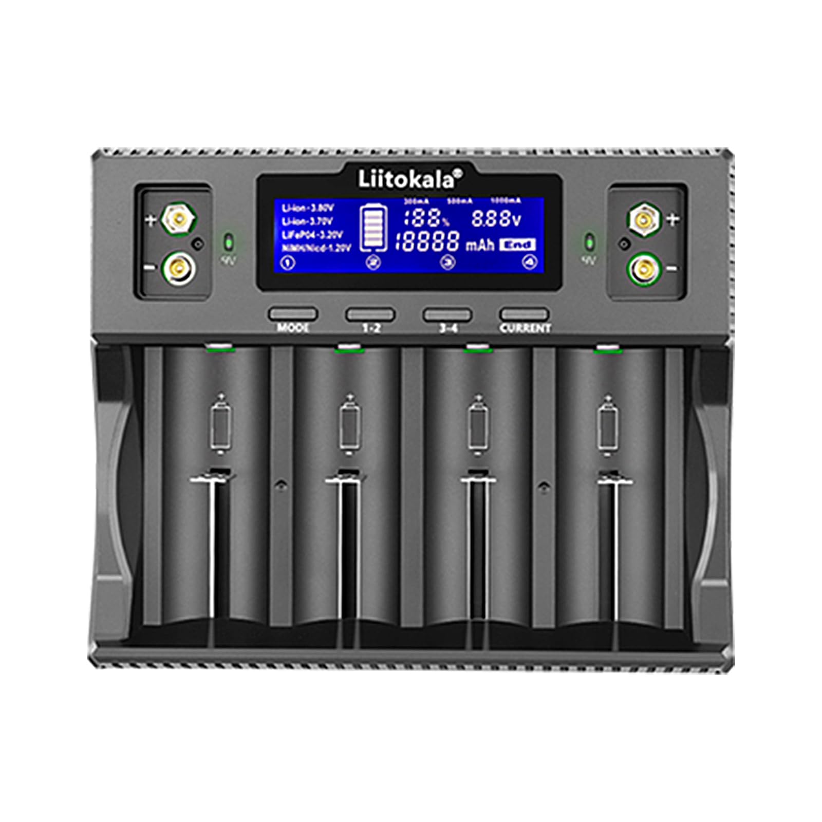 LiitoKala Lii-D4XL Caricabatterie con display LCD, per 14500 18650 26650 32700 AA AAA Li-lion (4.2V) Ni-MH/Ni-CD (1.48V) LiFePO4 (3.65V), potenza di ingresso AC 110-240V DC 12V2A, 4 Bay