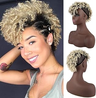 High Puff Afro Mohawk Ponytail,Short Curly Ponytail Extension,Mohawk Kinky Synthetic Hair Bun with Bangs,Brown Ponytail Wrap Updo Clip in Hair Extensions with Six Clips and Two Comb
