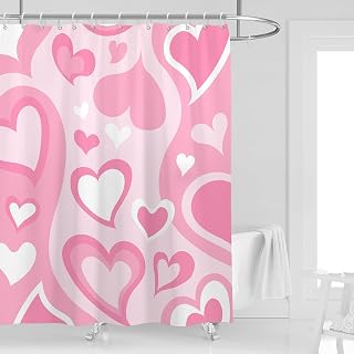 Pink Heart Shower Curtain 60''W x 72''L White Cute Girly Abstract Preppy Lovely Modern Retro Minimalist Bright Aesthetic Girl Women Polyester Fabric 12 Pack Plastic Hooks