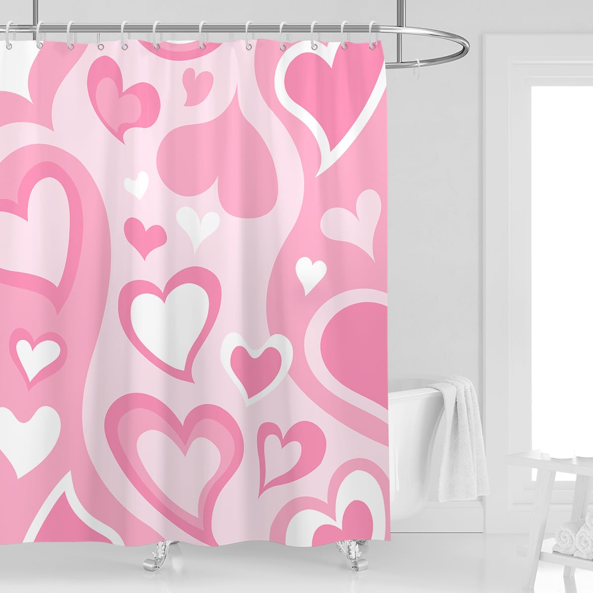 Kikiry Pink Heart Shower Curtain 60''W x 72''L White Cute Girly Abstract Preppy Lovely Modern Retro Minimalist Bright Aesthetic Girl Women Polyester Fabric 12 Pack Plastic Hooks