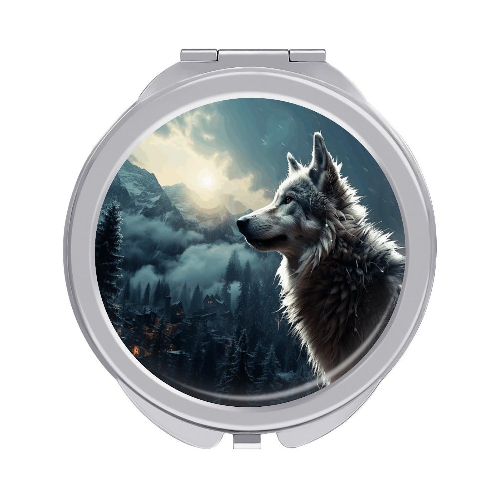 FekiLoot Wolf at Night Travel Makeup Mirror for Women Folding Portable Hand Compact Mirrors Small Round Vanity Mirror 1X/2X Magnifying Metal Pocket Makeup Mirrors