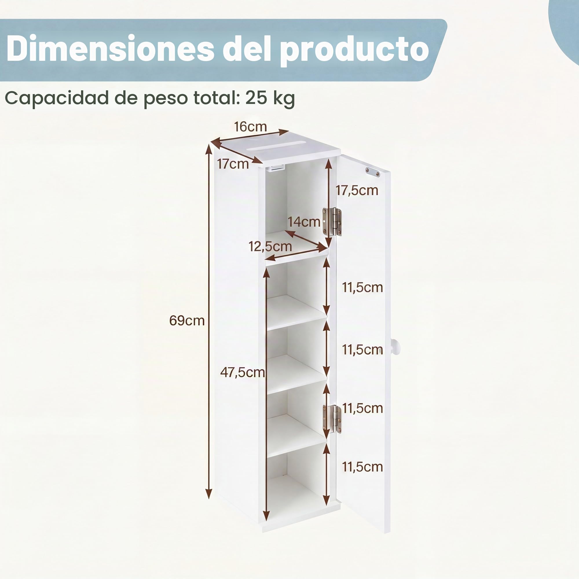 LIFEZEAL Armario para Papel Higiénico de Baño, Independiente con 5 Compartimentos y 3 Estantes Desmontables, de Suelo con Una Puerta, Blanco