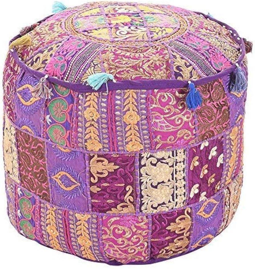 GANESHAM KLAVATE Indian Hippie Vintage Cotton Floor Pillow & Cushion Patchwork Bean Bag Chair Cover Boho Bohemian Hand Embroidered Handmade Pouf Ottoman (Purple, 13" H x 22" Diam.(inch))