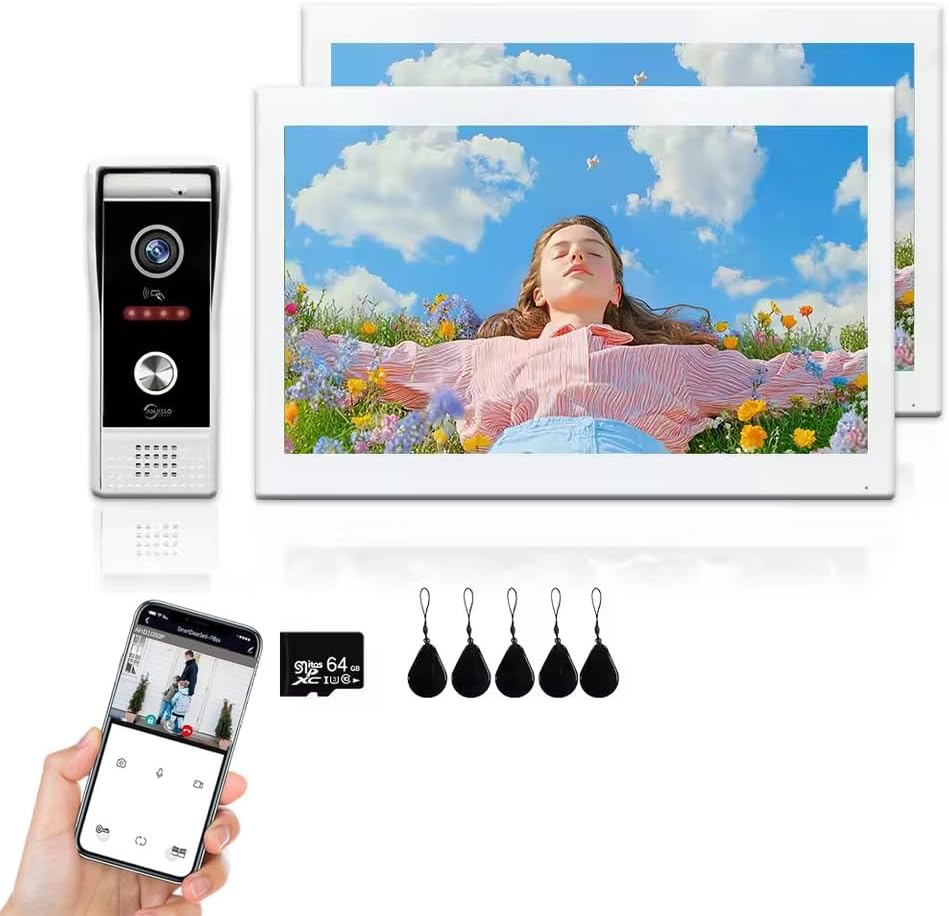 ANJIELO SMART WiFi Video Intercom System,Touch Screen Monitor,1080P Video Doorbell with Camera,Support Unlock, Monitoring, Dual-Way Intercom for Home Video Surveillance (1 doorbell+2 * 10 inch)