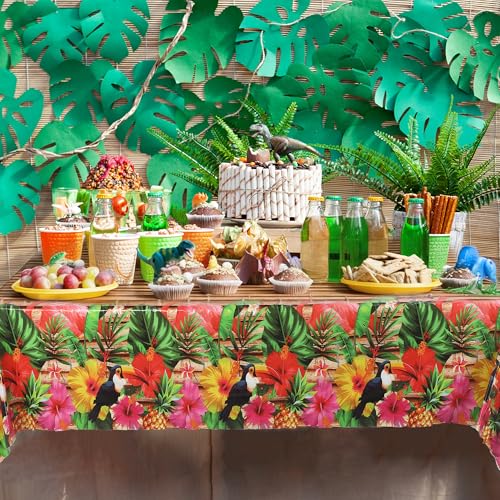 Image of Kochorie 100 Ft X 54 Inch Hawaiian Luau Party Tablecloth Roll with Cutter Box, Disposable Plastic Hawaii Tiki Totem Table Cover, Aloha Tropical Floral Table Decorations for Summer Beach Pool Birthday