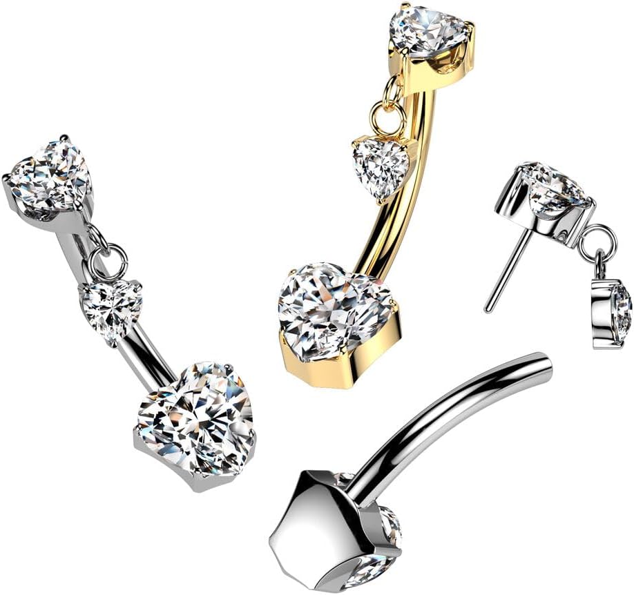 Implant Grade Titanium Threadless Push In Heart CZ Prong Set Belly Button Ring With Prong Set Heart CZ Top And Heart CZ Dangle