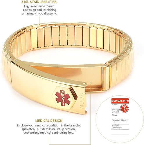 Miniatura 4 de Pulsera de alerta médica para hombres y mujeres, pulsera de identificación médica ajustable ajustable de acero inoxidable para diabetes, alergias,