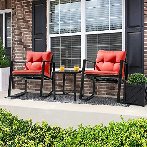 Flamaker 3 Pieces Patio Furniture Set Rocking Wicker Bistro Sets Modern Outdoor Rocking Chair Furniture Sets Clearance Cushioned Pe Rattan Chairs Conversation Sets With Coffee Table (Red) #TOP1