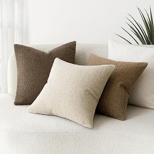 Image of Foindtower Pack of 2, Curly Faux Fur Decorative Throw Pillow Covers Soft Plush Cushion Case with Zipper Cozy Fluffy Boho Pillowcase for Home Living Room Couch Bed Sofa 18 x 18 Inch, Light Beige