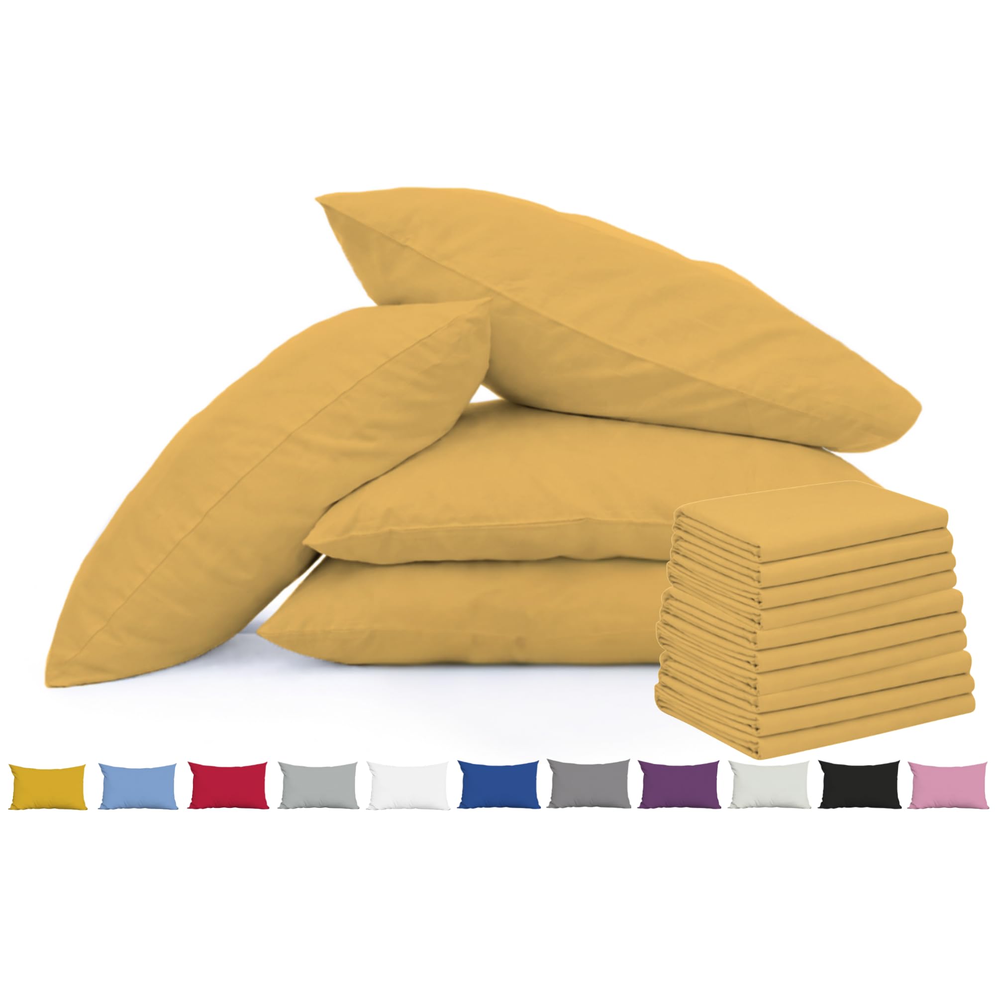 Pillow Cases 10 Pack Ochre - 100% Brushed Microfibre UK-Standard Size 50x75cm Envelope Closure Pillowcases - OEKO-TEX Certified, Wrinkle & Fade Resistant Pillow Covers (Pack of 10, Ochre)