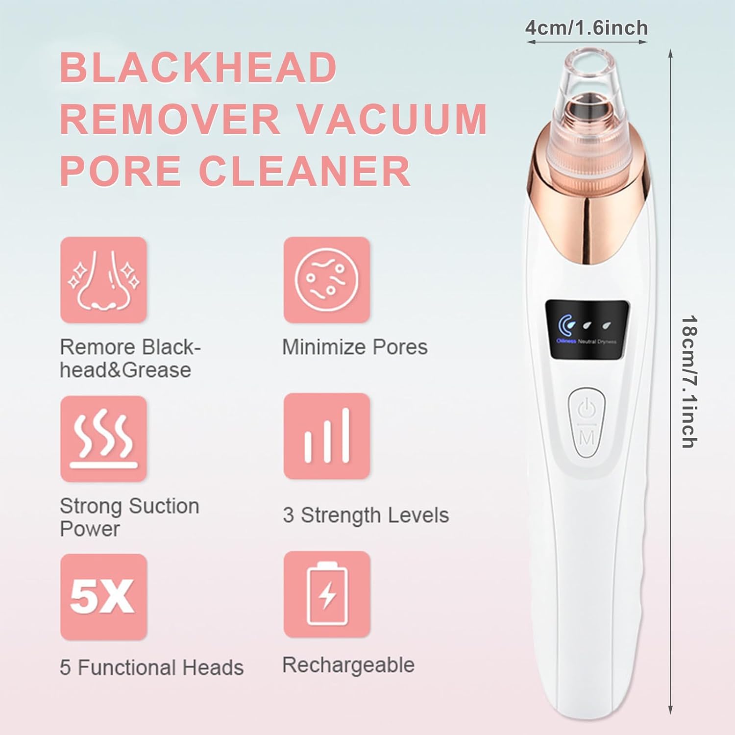 2026 Pore Vacuum, Blackhead Remover with 3 Adjustable Suction Levels, USB Rechargeable, 5 Replaceable Heads for Face Deep Cleansing, Includes Blackhead Spatula for Women & Men Blackhead Remover Vacuum - Image 3