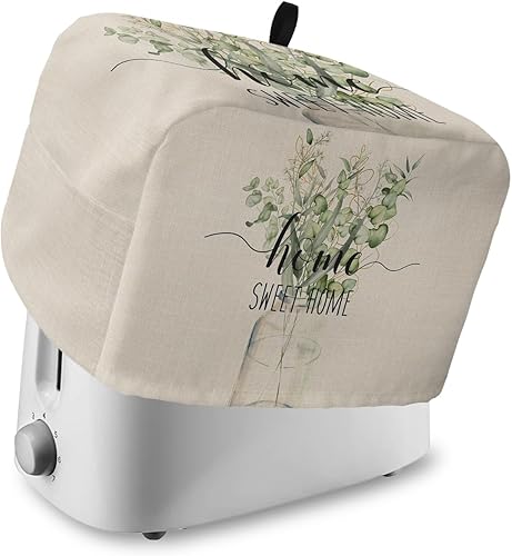 Funda antipolvo para tostadora con bolsillos, diseño rústico de primavera dulce hogar verde hojas de eucalipto beige, suave, lavable, cubierta para