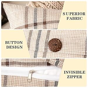 MIULEE Christmas Set of 2 Decorative Linen Throw Pillow Covers Triple Button Pillowcases Farmhouse Retro Plaid Cushion Cases for Couch Sofa Bed 18×18 Inch Beige