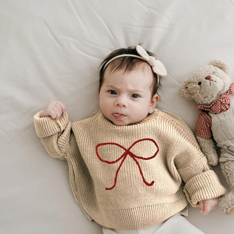 Toddler Baby Girl Knit Sweater Bow Embroidery Chunky Sweatshirt Tops Oversized Warm Christmas Fall Winter Clothes2