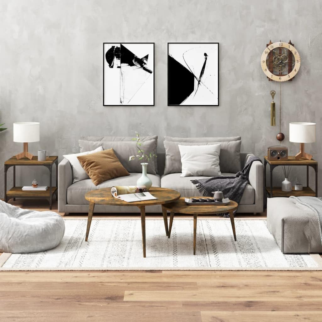 Mesas auxiliares de madera de roble ahumado, 2 unidades, 40 x 40 x 40 cm, con marco de acero estable y patas ajustables para salón, mesa de café, estante de almacenamiento y mobiliario
