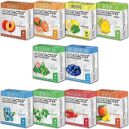 Hydro Molasses with HydroActive Essential Oil, Hookah Shisha Flavors Set, Tobacco & Nicotine Free, All Active Mix, 50-Gram (Pack of 10)