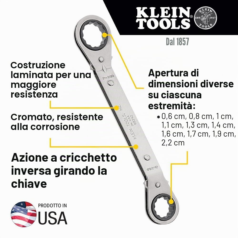 KLEIN TOOLS Set di chiavi a cricchetto reversibili, 5 pezzi, nero, made in USA, 68245